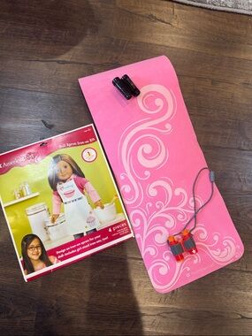 American Girl Hot Pink Yoga mat, 2 binoculars and an apron craft kit